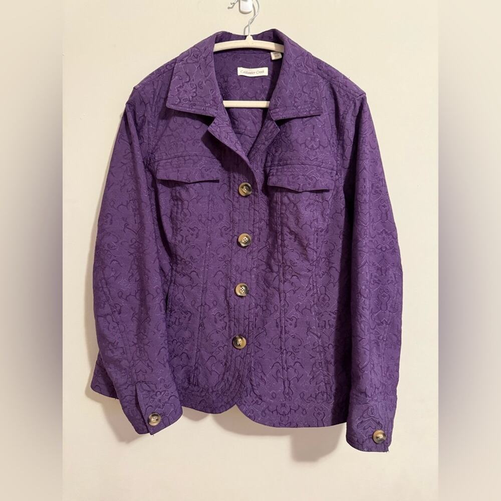 Coldwater Creek Purple Textured Embroidered Jacket Floral Brocade Button W20